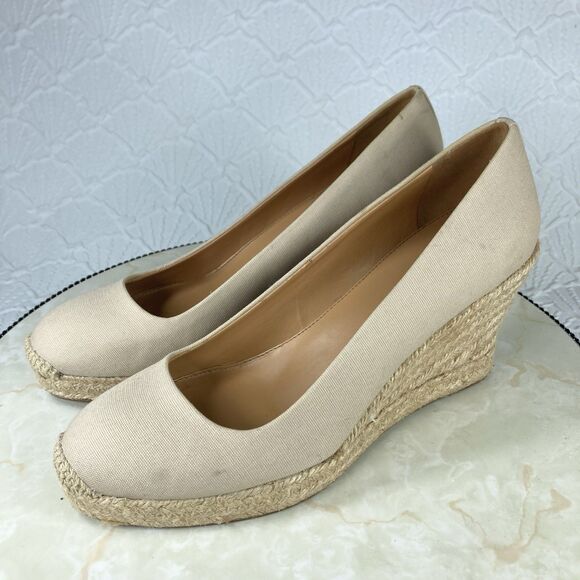 J. Crew Heels Women 9 Beige Canvas Comfort Summer Slip On Espadrille Wedge Pumps - Picture 5 of 14